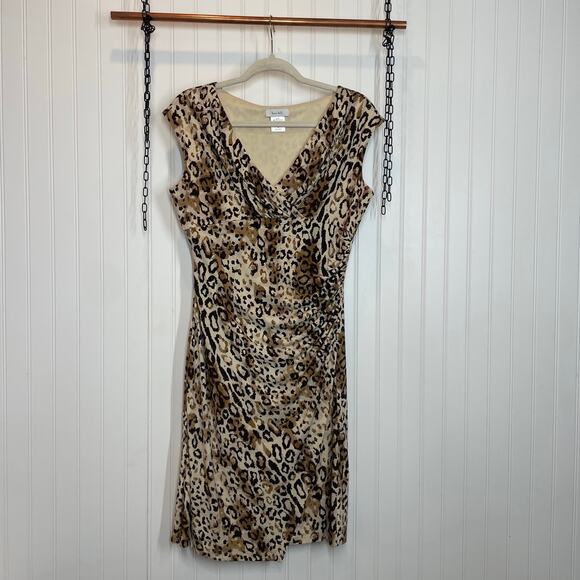 Kate Hill Women’s Leopard Print Ruched Cap Sleeve Mini Sheath Dress Size 4 - Picture 1 of 6